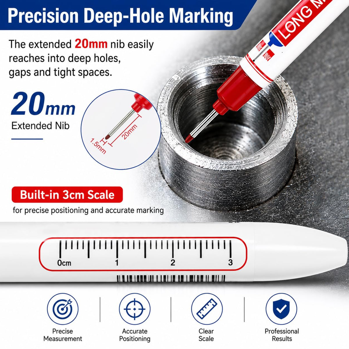 8pcs Long Nib Marker, Long Head Deep Hole Marker Pens, Waterproof Construction Markers Marking Tool, Multi-Purpose Deep Reach Pen Makes For Metal, Carpenter, Woodworking, Gift for Father's Day