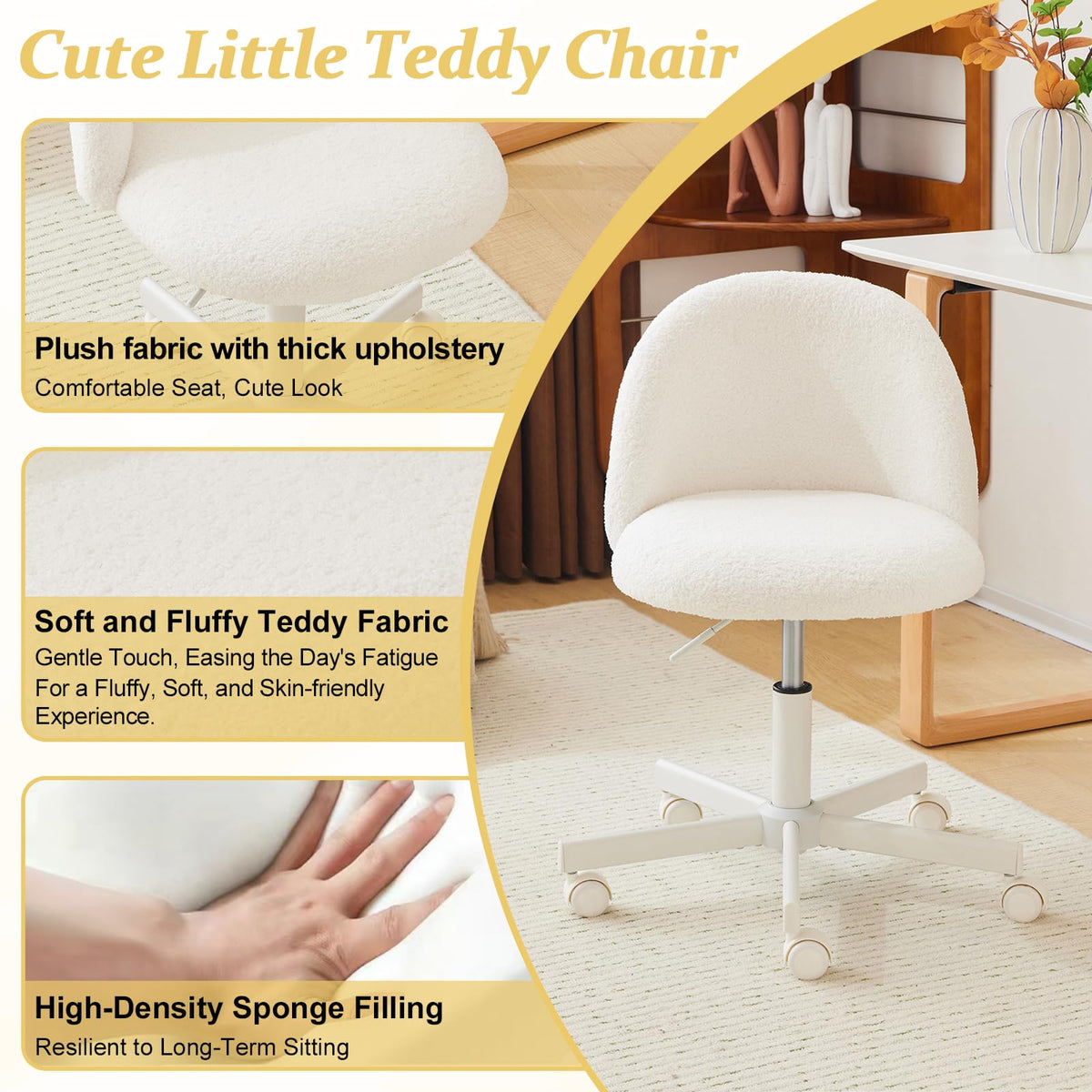 VINGLI Cute Candy Chair Armless Comfy Small Office Desk Vanity Chair with Wheels & Lumbar Support,Teddy Adjustable Rolling Swivel Computer Task Ch for Home Office,Bedroom,Gentle Pink