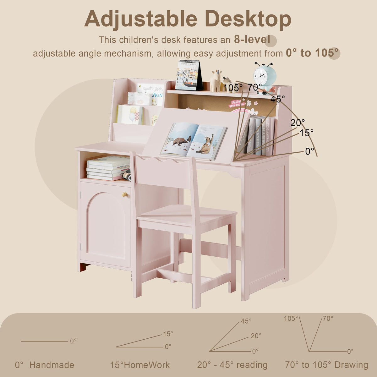 Treocho Kids Study Desk and Chair Set with Tiltable Desktop for 3-8 Years