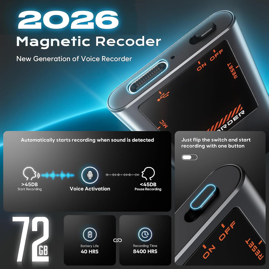 72GB(8400H) Magnetic Voice Recorder, Voice Activation & AI Noise Reduction