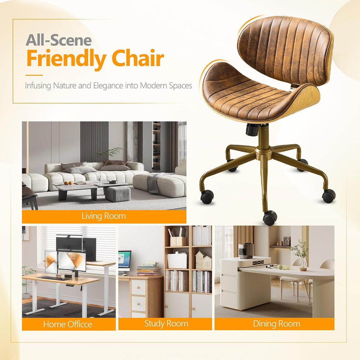 VINGLI Wide Comfotable Swivel Home Office Chair with Wood-Grain Curved Shell,Ergomomic Mid-Back Padded Armless Modern Desk Chair with Wheels,Height Adjustable for Computer,Task,Work,Microfiber,Rustic