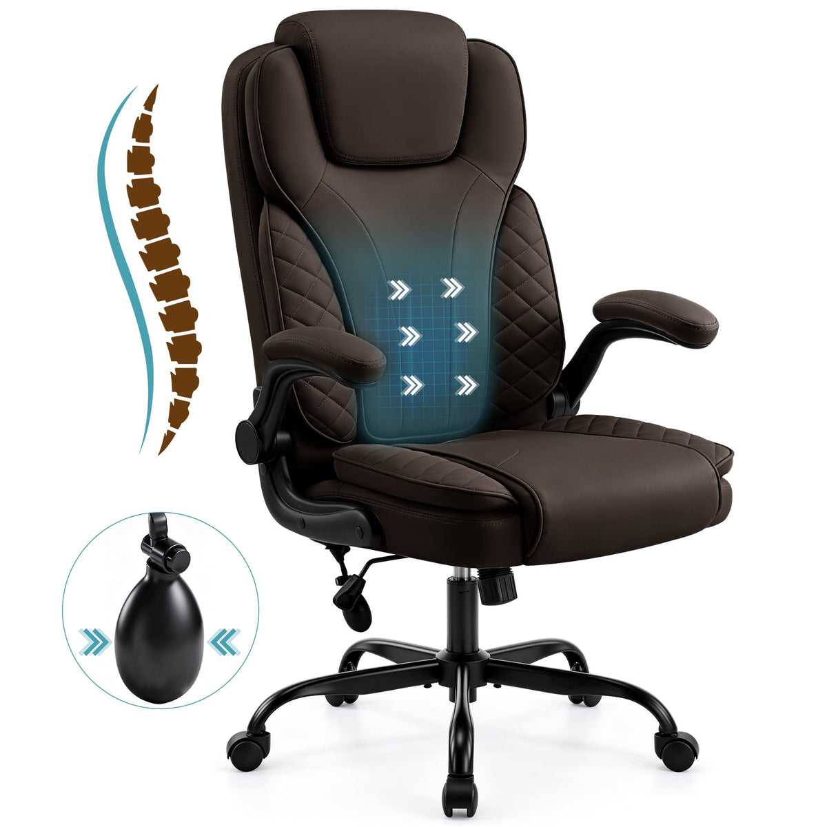 Ergonomic Office Chair, PU Leather High Back Executive Chair with Adjustable Inflatable Lumbar Support and Padded Flip-Up Arms, Recline Swivel Task Computer Chair for Home Office, Khaki