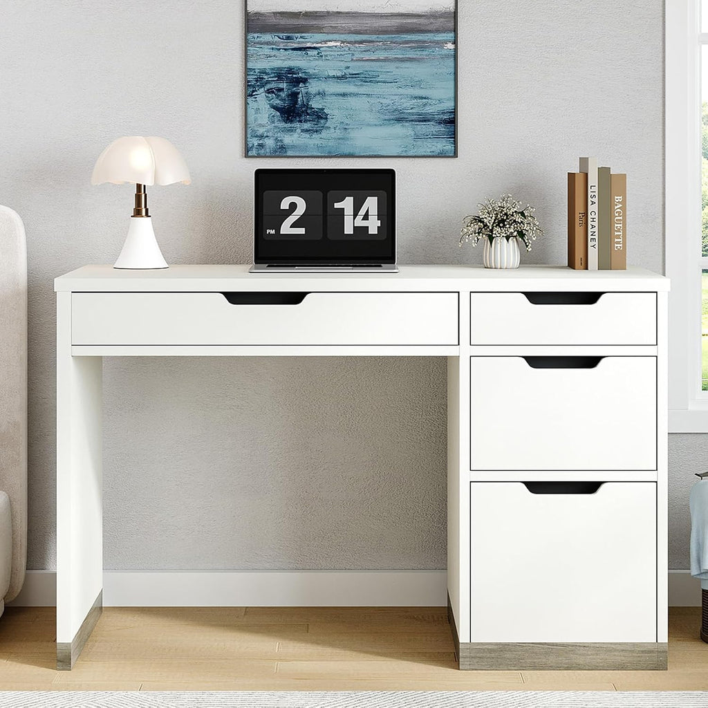 MaverickFurni White Desk with Drawers, 48 Inch Small Computer Desk