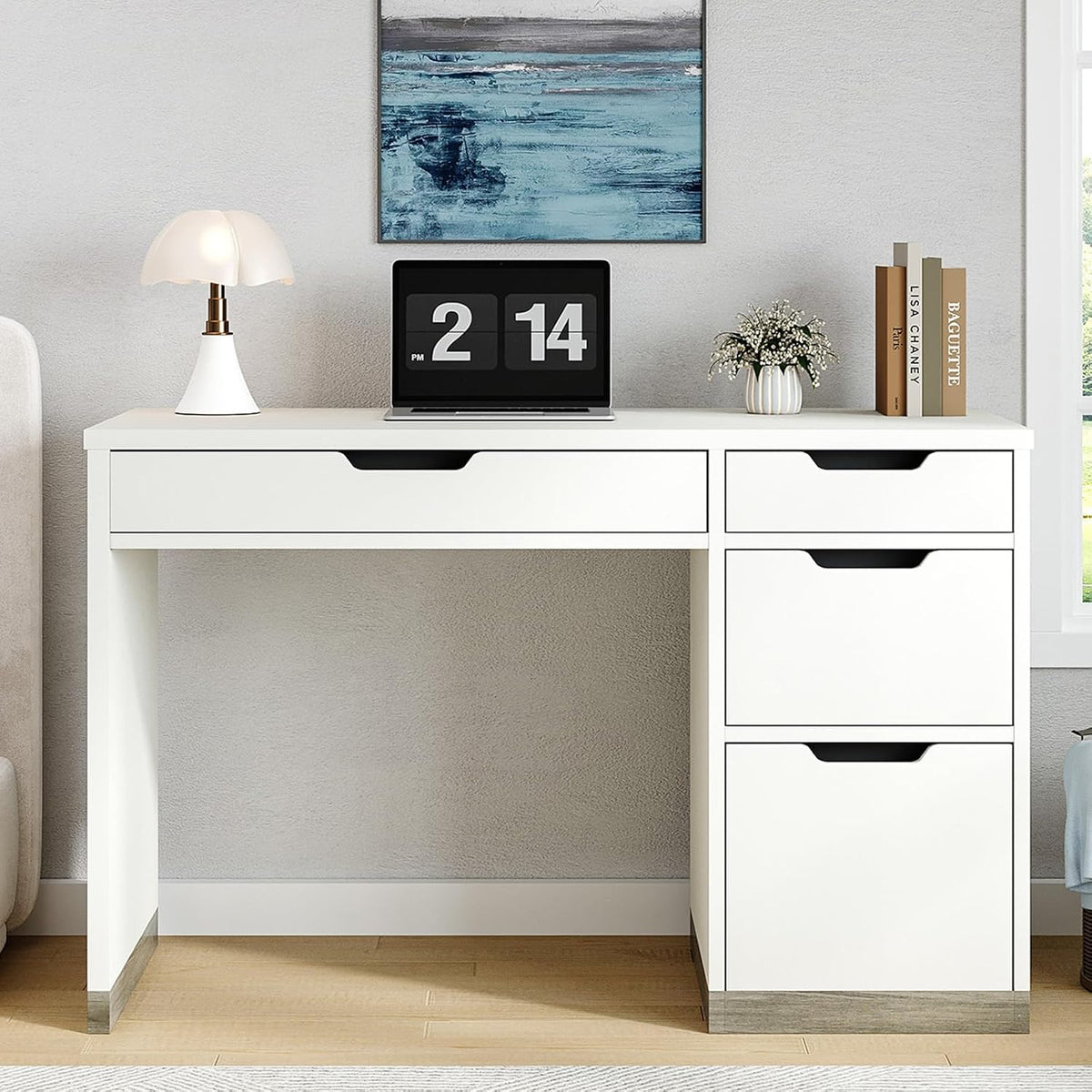 MaverickFurni White Desk with Drawers, 48 Inch Small Computer Desk