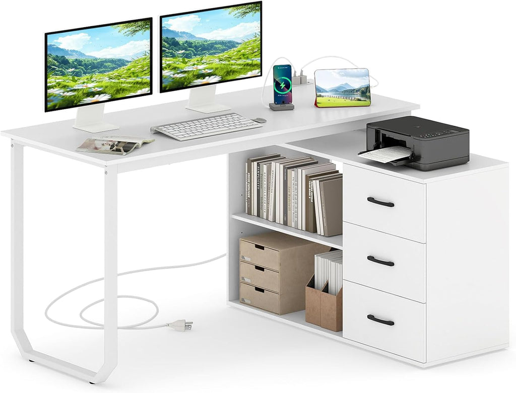 Tangkula 55" Reversible L Shaped Desk with 3 Drawers, Home Office Desk with Adjustable Shelf & Power Outlet, Study Writing Table, Computer Workstation for Small Space, Corner Desk (White)