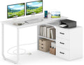 Tangkula 55" Reversible L Shaped Desk with 3 Drawers, Home Office Desk with Adjustable Shelf & Power Outlet, Study Writing Table, Computer Workstation for Small Space, Corner Desk (White)