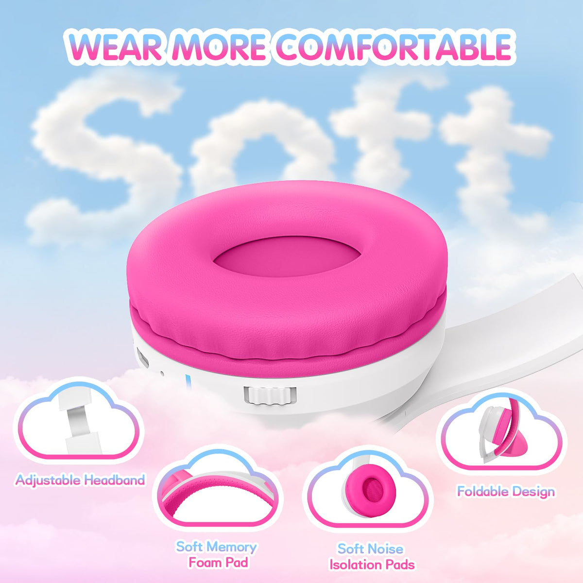 IFECCO Kids Bluetooth Headphones with Case,Cute LED Light Up Cat Ears