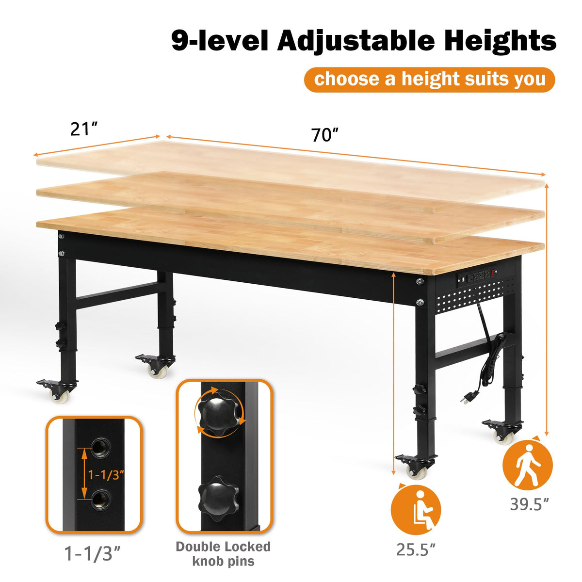 Betterhood 48" Heavy-Duty Adjustable Workbench for Garage, Rubber Wood Shop Table W/Metal Wheels, Hardwood Workstation Weight Capacity Over 2000 Lbs with Wheels