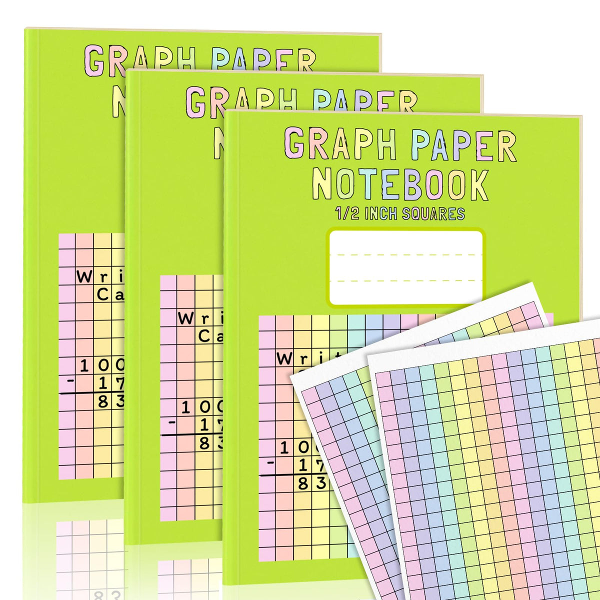 2 Pack 8.5×11 Colored Graph Paper Pad Math Notebook Graph Paper 1/2 Inch Squares Large Quad Ruled Grid Composition Book Colored Grid Notebook Exercise 30 Sheets for Kids Dyslexia Dysgraphia School