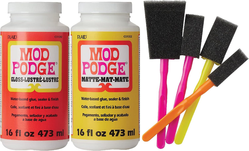 Mod Podge: Complete Decoupage Kit – Matte & Gloss (Two 16 oz) with 4-Piece Foam Brush Set