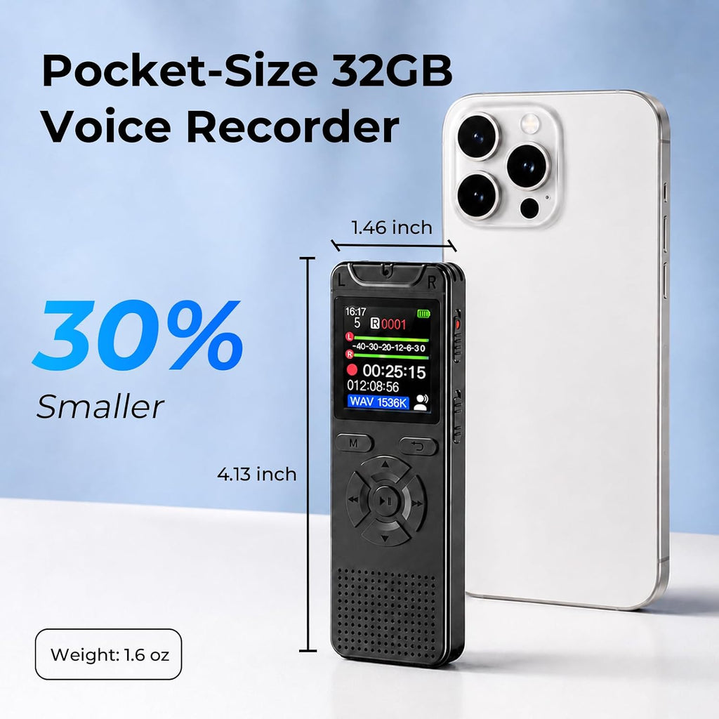 Digital Voice Recorder with Playback, 32GB Built-in Memory Storage