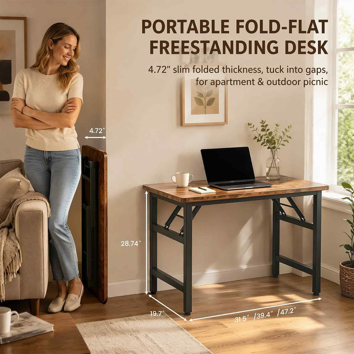 Mrsanmu 47.2-Inch Folding Student Desk, Rustic Brown