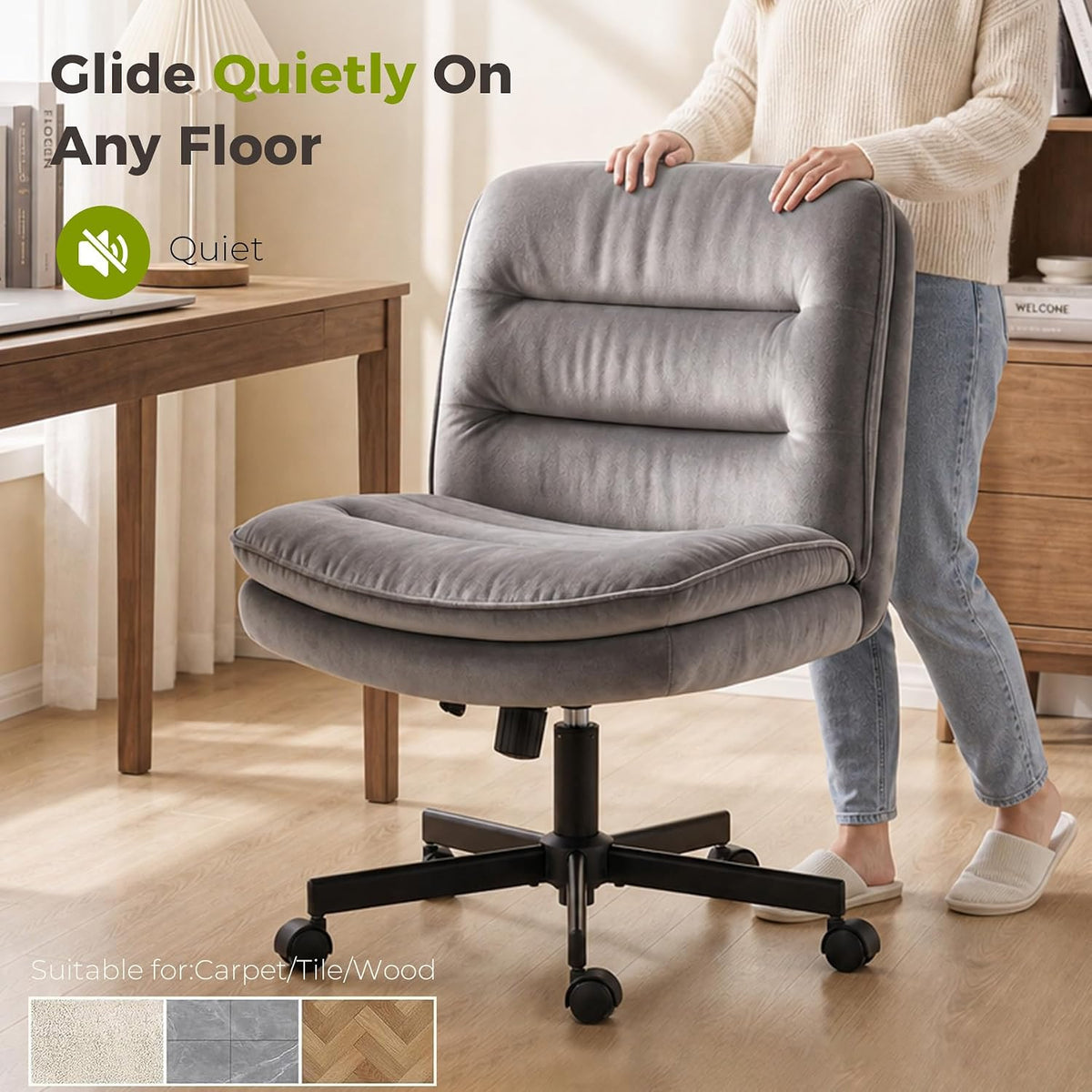 GTPLAYER Cross Legged Office Chair, Armless Desk Chair Cute Vanity Chair with Wheels Computer Chair Comfy Wide Office Chair Adjustable Swivel for Home Computer Task,Soft Velvet, Dark Grey