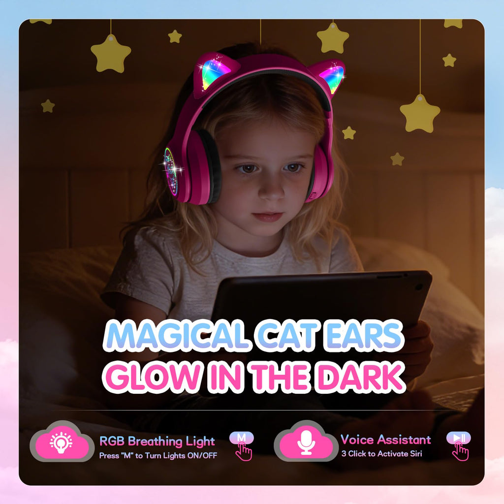IFECCO Kids Bluetooth Headphones with Case,Cute LED Light Up Cat Ears