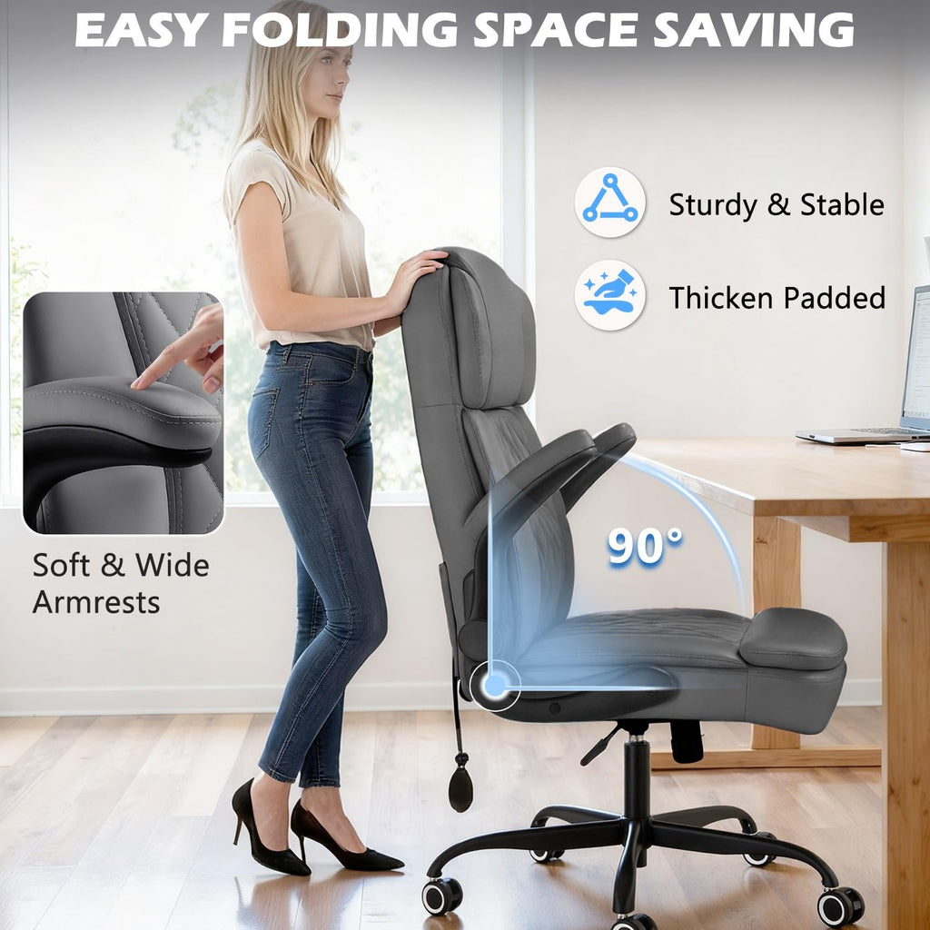 450LBS Big and Tall Executive Office Chair with Flip up Arm, Heavy Duty PU Leather Computer Desk Chair,Comfortable High Back Swivel Home Office Chair with Rolling for Adults,Spring Cushion,Metal Base