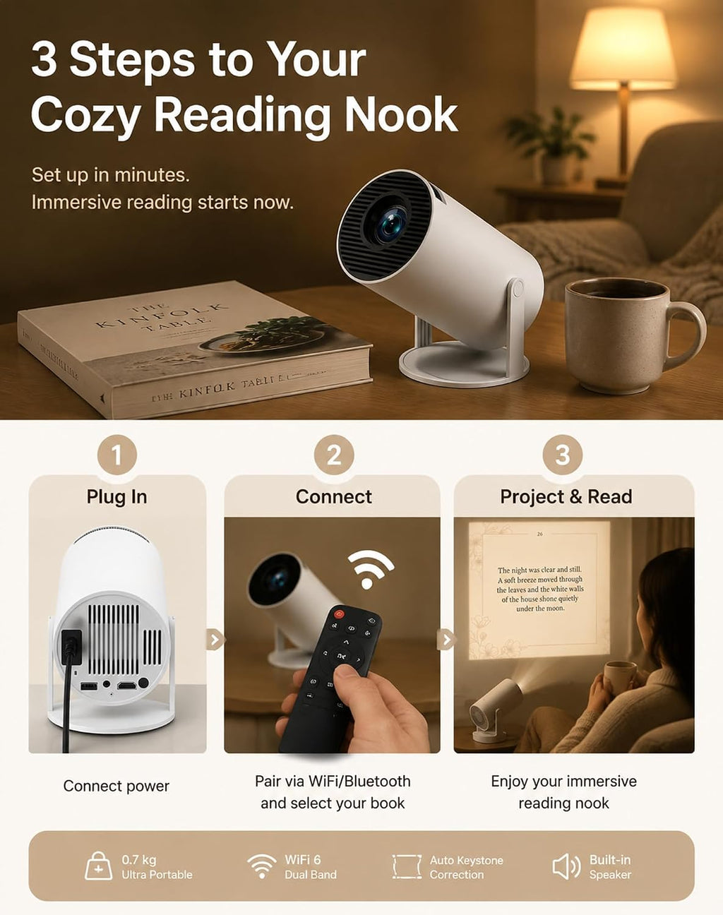 BookGlow Smart Reading Projector with 720p HD Display
