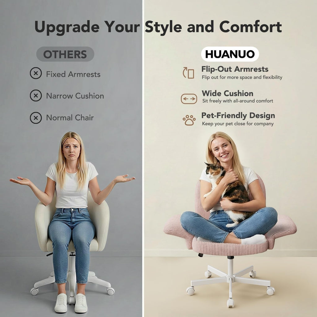 HUANUO Criss Cross Office Chair for Girls with Adjustable Armrests, White