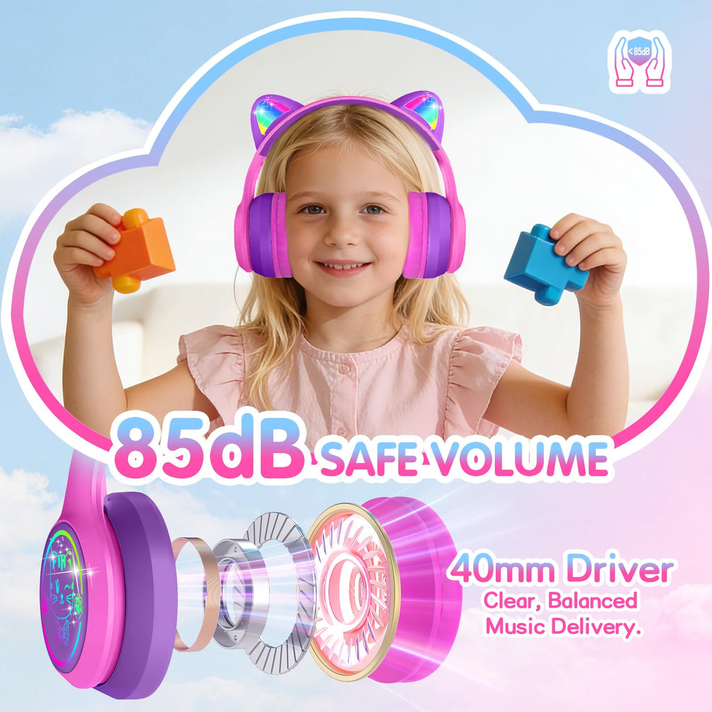 IFECCO Kids Bluetooth Headphones with Case,Cute LED Light Up Cat Ears