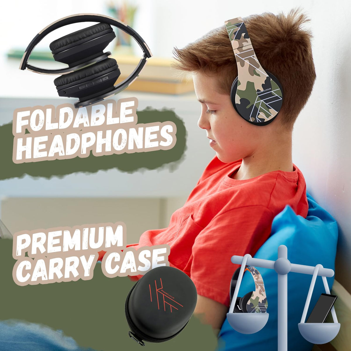 PowerLocus Kids Headphones Over-Ear, Bluetooth Wireless Headphones for Kids,with Microphone, Safe 85DB Volume Limited, Foldable with Carry Case, Audio Cable, Micro SD mode for Online Classes,PC,Phones