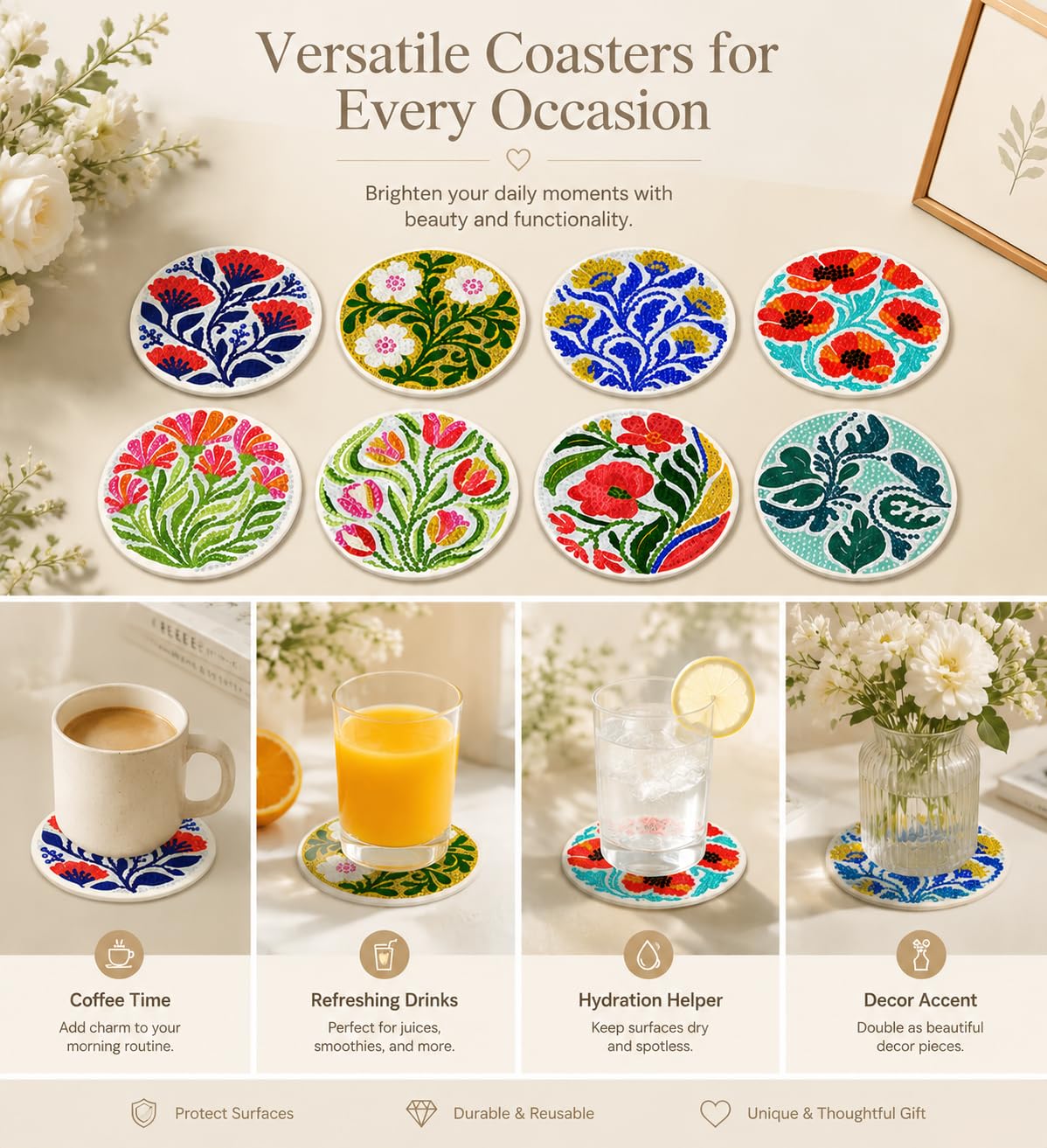Puraikcmi 8PCs Diamond Paintings Coasters Kits Set, Funny Cat Diamond Art Coasters with Holder, DIY Crafts Diamond Art Kits Adult Craft Diamond Dots Gift