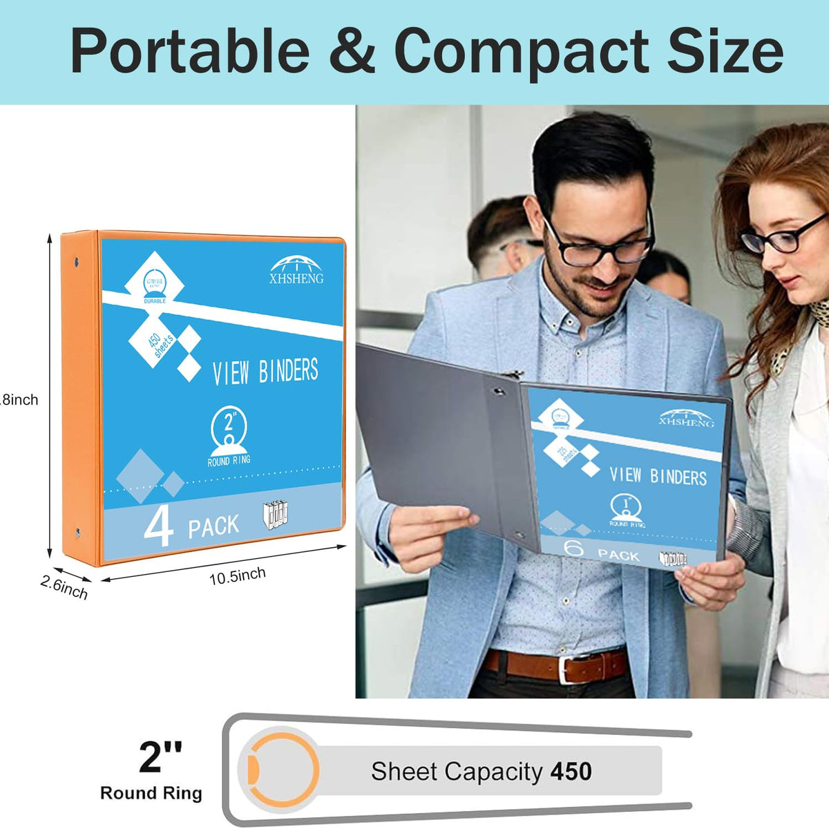 3 Ring Binders,1” Round Ring, Holds 8.5 * 11inch Papers, with 2 Pockets,6 Colors Binder Assorted Pack
