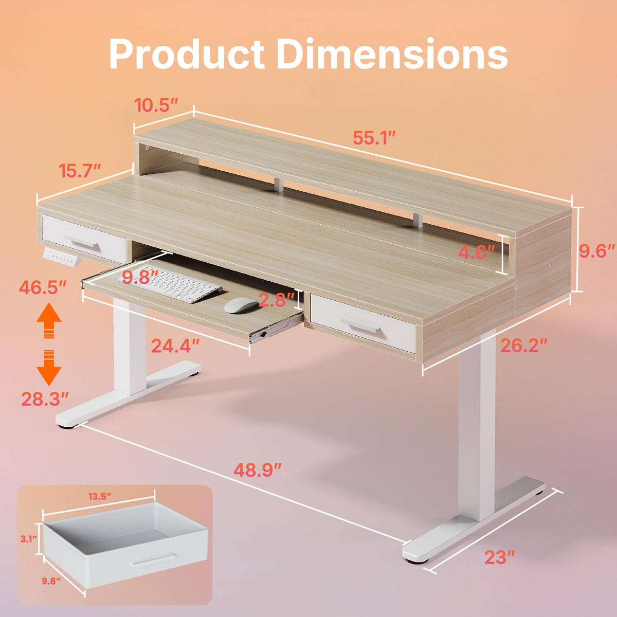 HUANUO 55″ x 26″ Electric Standing Desk with 2 Drawers &24.4″ Large Keyboard Tray, C-Clamp Mount Compatible, Adjustable Computer Desk for Office, Sit Stand Up Desk with 4 Height Presets, Light Walnut