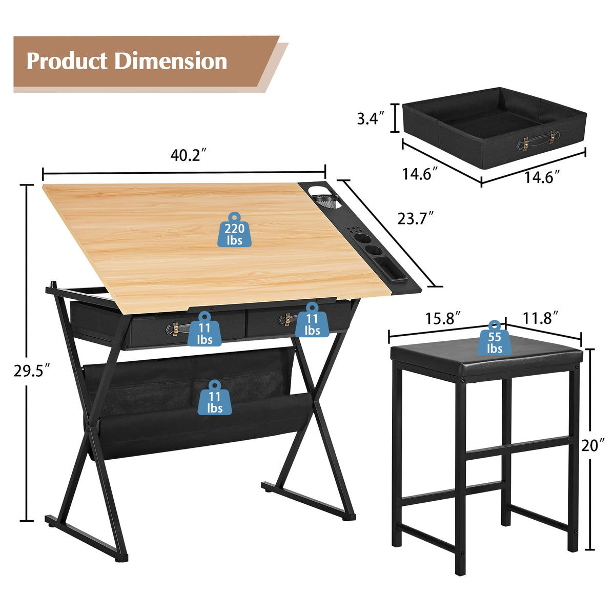 VECELO Adjustable Drafting and Art Desk with Stool