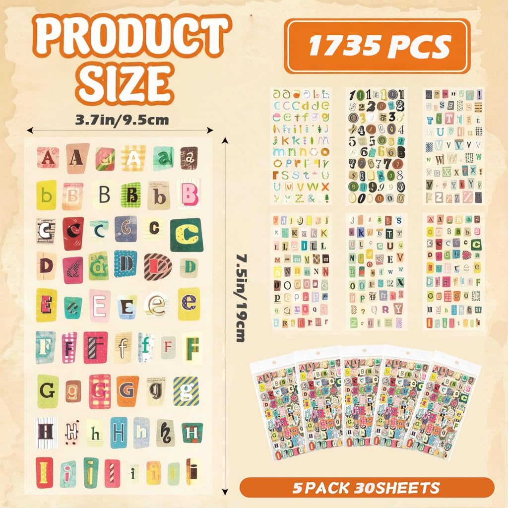 347PCS Vintage Stickers, 6 Sheet Scrapbook Stickers Graffiti, Cute Vintage Letters Numbers Self Adhesive Decals Scrapbooking Supplies for Diary DIY Art Album Paper Crafts (347PCS)