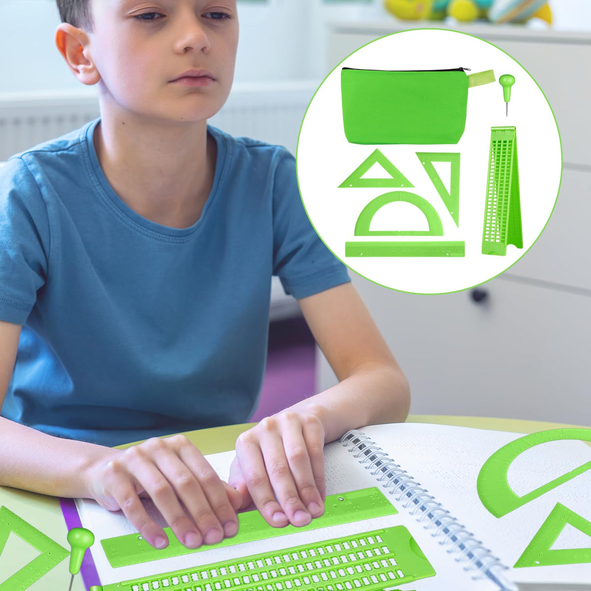 Tactile Braille Geometry Set for Blind & Visually Impaired Students, 6-Piece Math Tools Kit with Ruler, Protractor, 30°/60° Triangles for Special Education