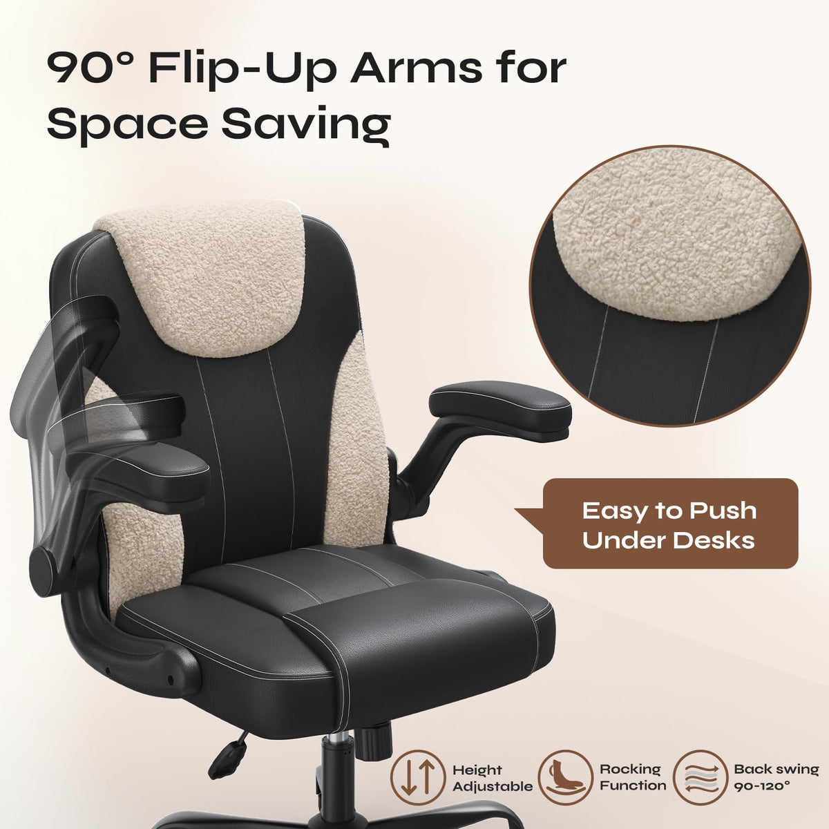 PU Leather Mid-Back Office Chair, Flip-Up Arms, 3.5" Dual-Layer Cushion