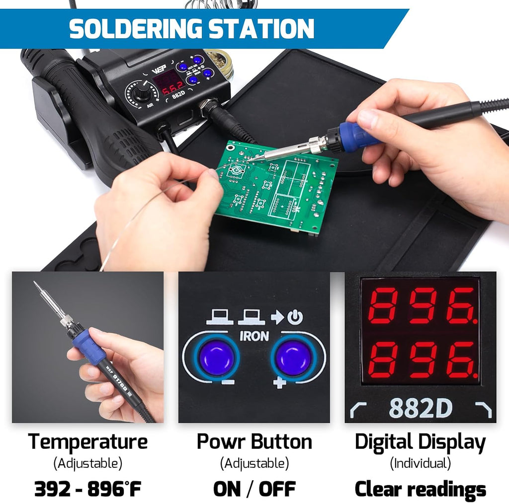 WEP 882D Soldering Iron Station 2-IN-1 SMD Hot Air Rework Station with 2 Spools of Solder Wire, 5 Soldering Tips, 3 Hot Air Nozzles, Brass Wool Tip Cleaner, Tweezers, Desoldering pump