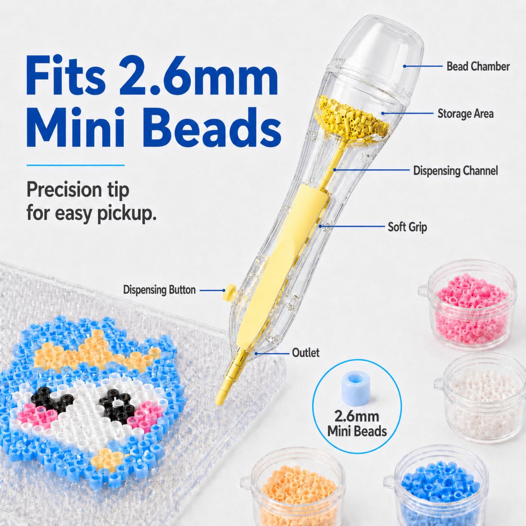 2.6mm Fuse Bead Pen with 4 Swappable Lidded Compartments for Mini Fuse Beads, Quick Color Switching, Precise and Easy Bead Placement Tool, Gift for Bead Art Lovers, Blue