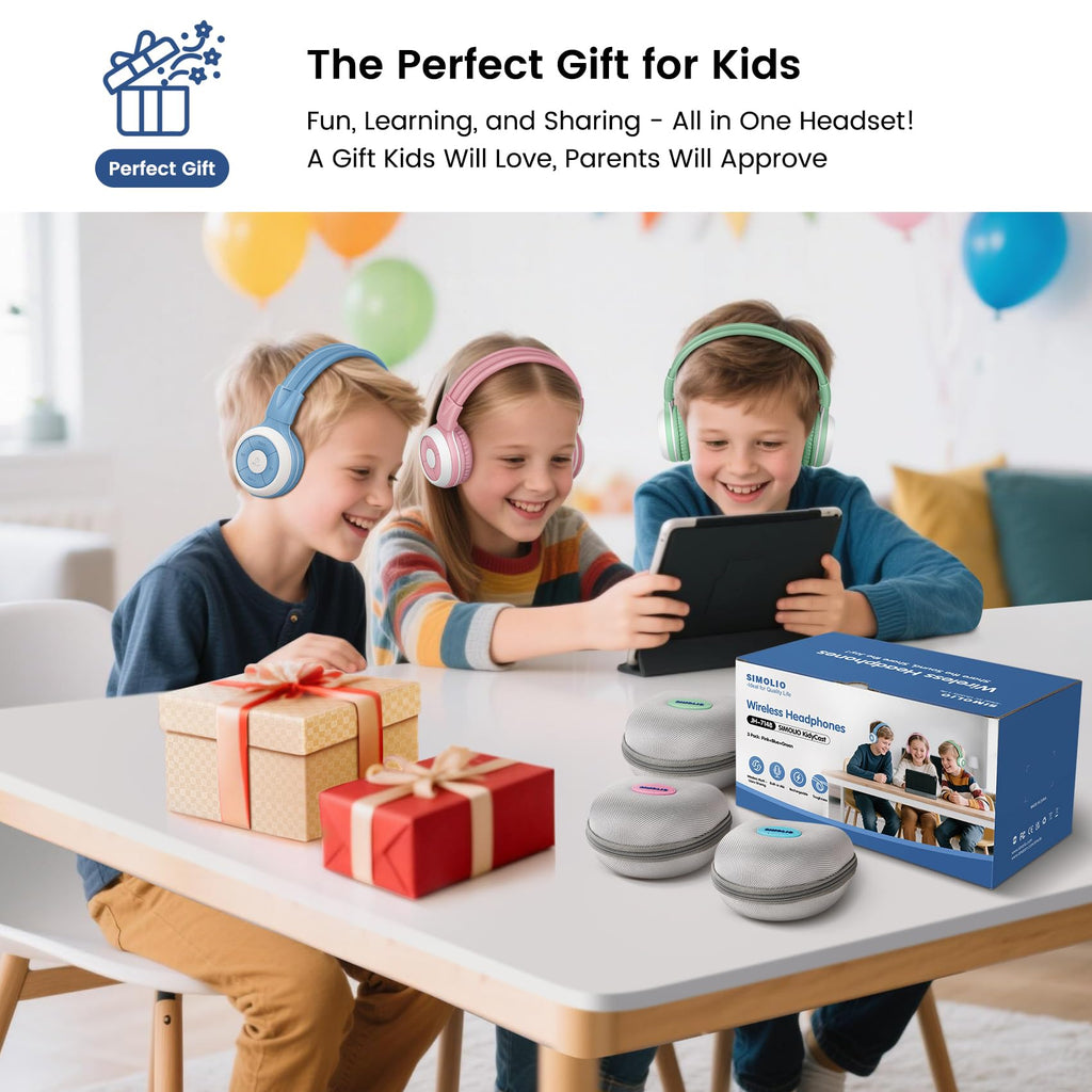 SIMOLIO Kids Wireless Headphones w/Mic for School,75/85/94dB Safe Volume