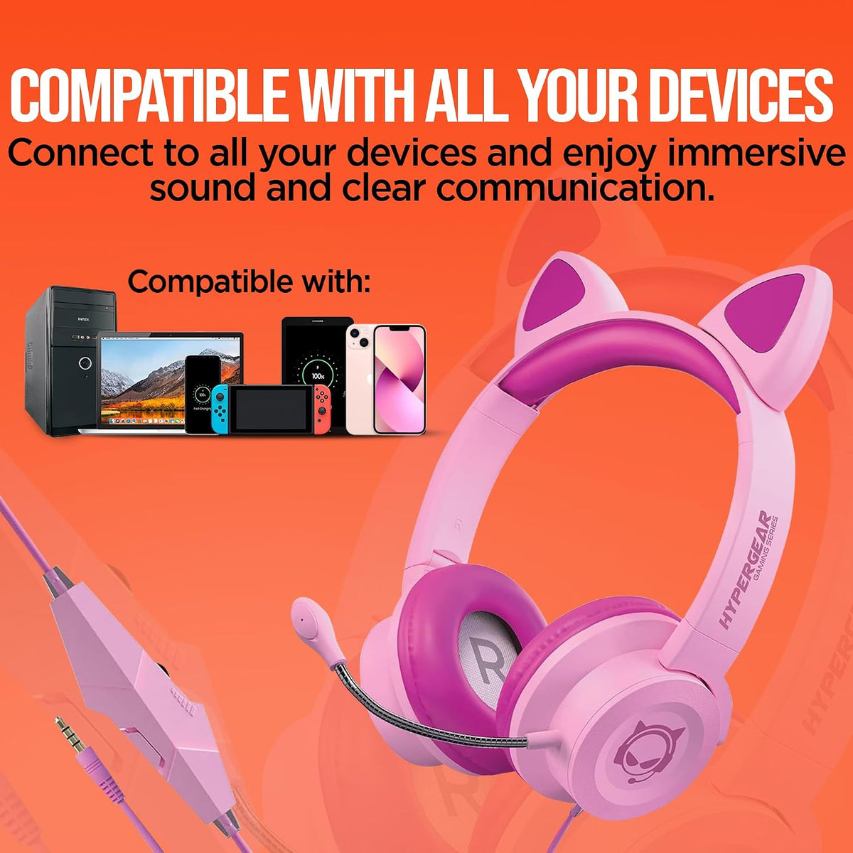 HyperGear Kombat Kitty Headphones for Kids - Cute Cat Ear Kids Headphones with Cord, Gaming Headset with Mic for Girls, Ideal for School, Home & Streaming, Pink