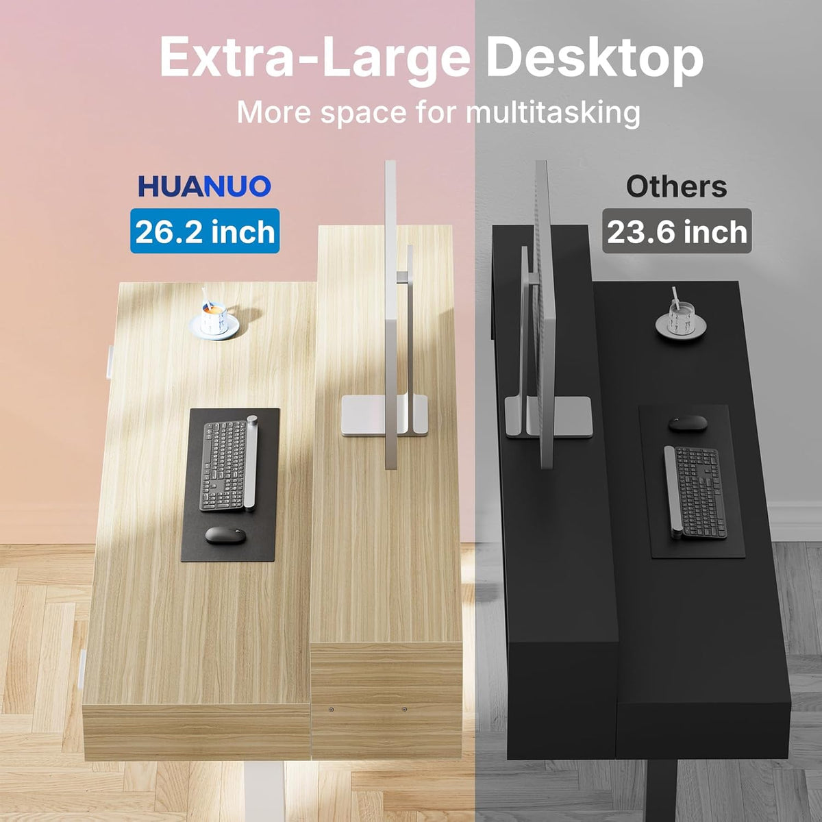 HUANUO 55″ x 26″ Electric Standing Desk with 2 Drawers &24.4″ Large Keyboard Tray, C-Clamp Mount Compatible, Adjustable Computer Desk for Office, Sit Stand Up Desk with 4 Height Presets, Light Walnut