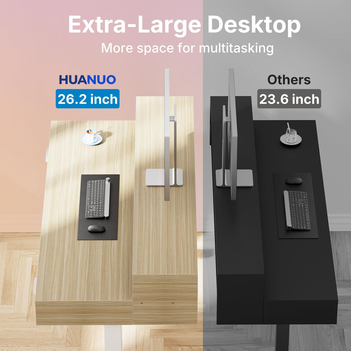 HUANUO 55″ x 26″ Electric Standing Desk with 2 Drawers &24.4″ Large Keyboard Tray, C-Clamp Mount Compatible, Adjustable Computer Desk for Office, Sit Stand Up Desk with 4 Height Presets, Light Walnut