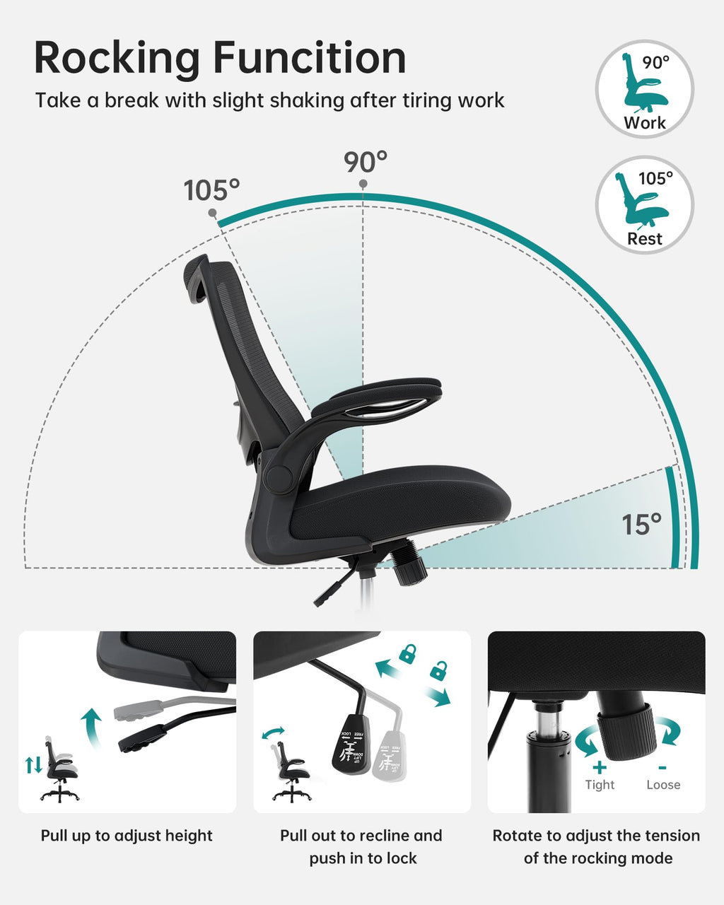 MUXX.STIL Office Chair, Ergonomic Desk Chair with Adjustable Lumbar Support and Flip up Armrest, Breathable Mesh Computer Chair for Home Office, Khaki