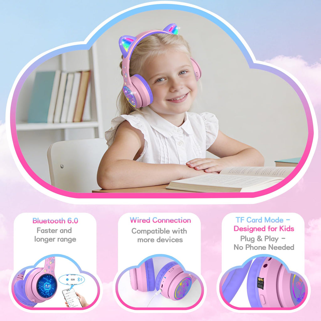 IFECCO Kids Bluetooth Headphones with Case,Cute LED Light Up Cat Ears