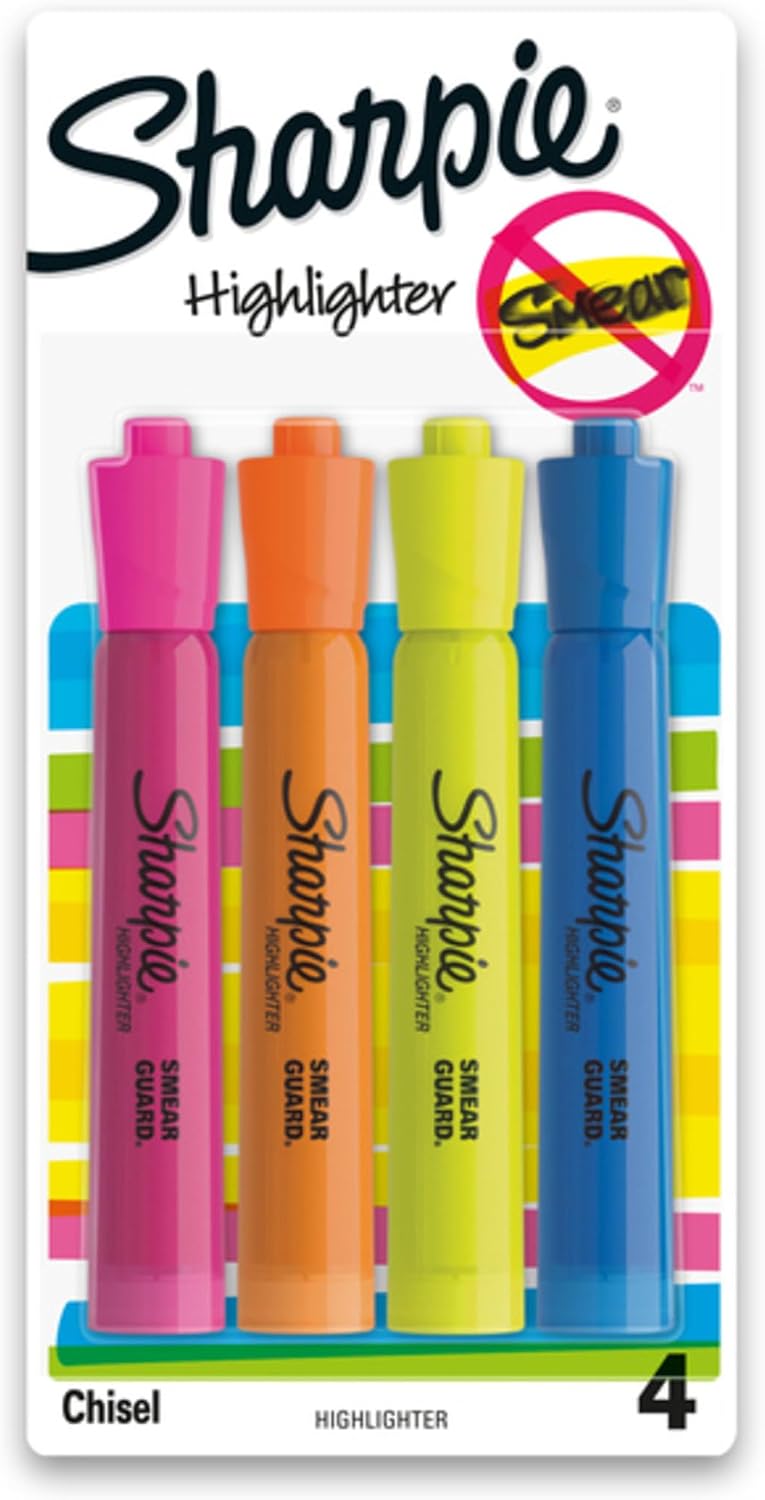 Sharpie Accent Tank-Style Highlighters, Assorted Colors, 4 Count - Back to School, Desk Supplies