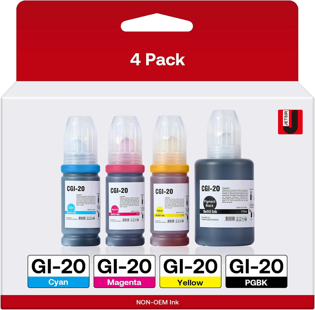 GI-20 GI20 Refill Ink Bottles Kit Compatible with Canon G6020 G7020 G5020 MegaTank Printers, 4-Pack (170ML GI-20 Black, 70ML GI20 Color)