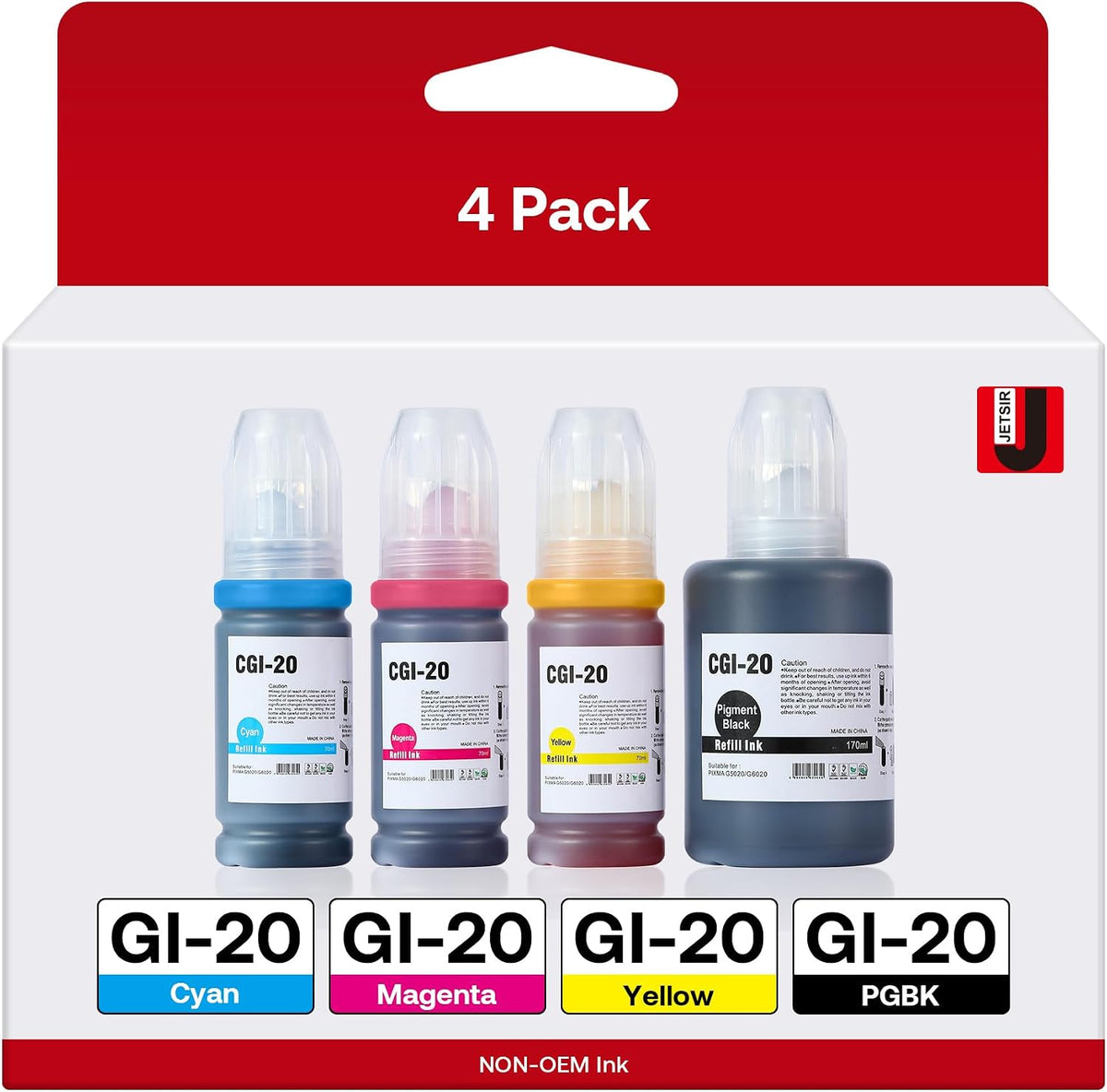 GI-20 GI20 Refill Ink Bottles Kit Compatible with Canon G6020 G7020 G5020 MegaTank Printers, 4-Pack (170ML GI-20 Black, 70ML GI20 Color)