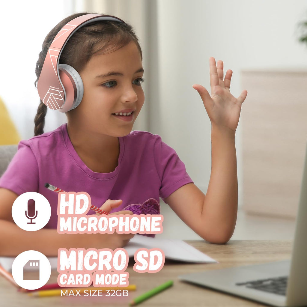 PowerLocus Kids Headphones Over-Ear, Bluetooth Wireless Headphones for Kids,with Microphone, Safe 85DB Volume Limited, Foldable with Carry Case, Audio Cable, Micro SD mode for Online Classes,PC,Phones