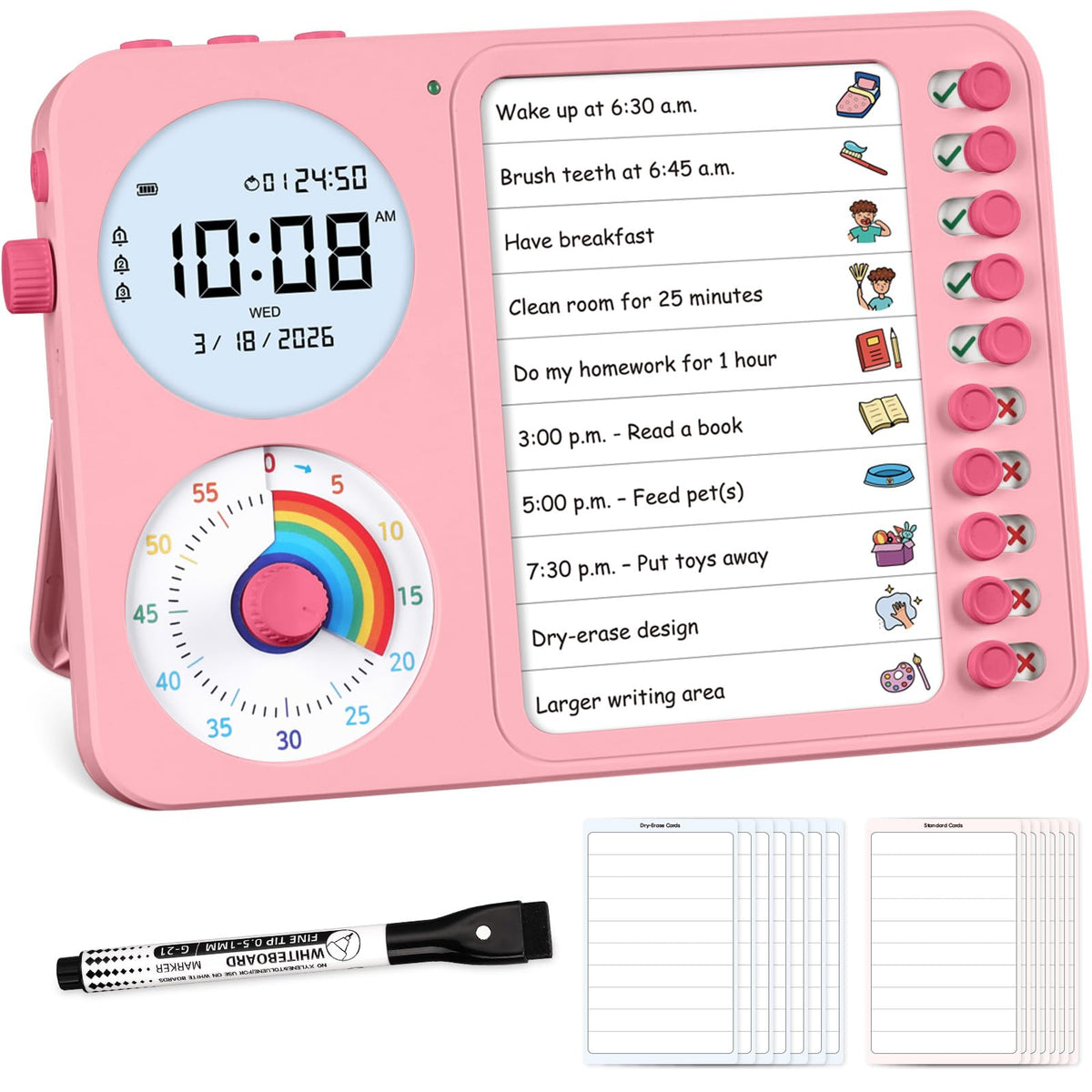 3-in-1 Visual Timer & ADHD Tool for Kids – ADHD Task Timer for Adults with Visual Schedule, Chore Chart & Planning Board for Home, School, Classroom, Work (White)