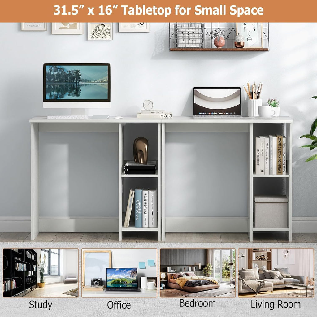 LDAILY Small Desk with 2-Tier Shelves, Compact Computer Writing Desk(White)