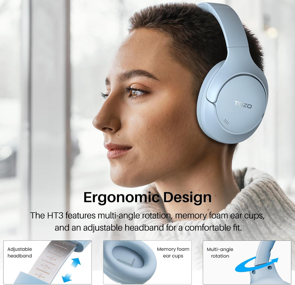 TOZO HT3 Hybrid Noise Cancelling Wireless Headphones, 90H Over Ear Headset