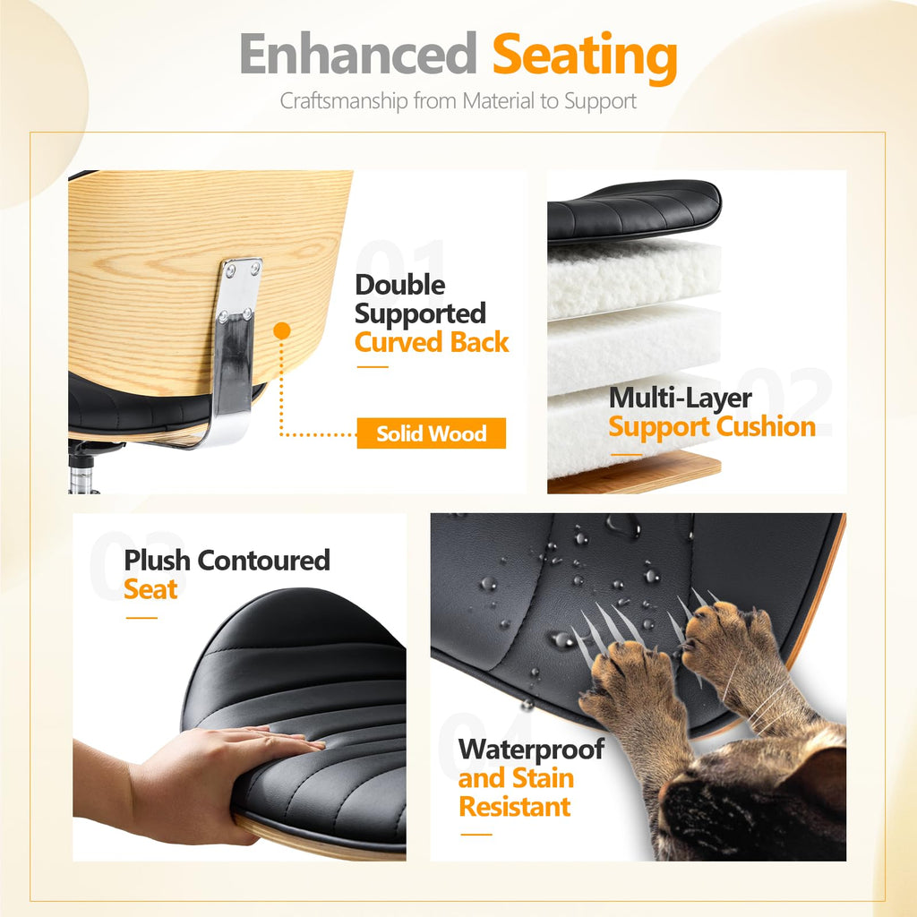 VINGLI Wide Comfotable Swivel Home Office Chair with Wood-Grain Curved Shell,Ergomomic Mid-Back Padded Armless Modern Desk Chair with Wheels,Height Adjustable for Computer,Task,Work,Microfiber,Rustic