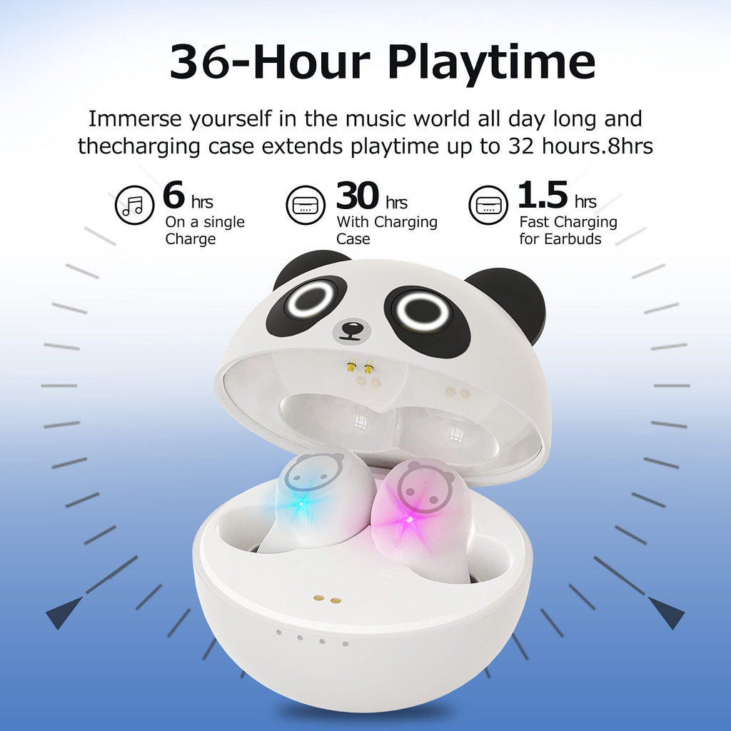 Wireless Earbuds for Kids, Headphones with Cute Panda Charging Case with Mic, Noise Cancelling,Typ-C, 3D Stereo Waterproof Bluetooth Buds for Sport & Outwork,3 x Ear caps(S,M,L)