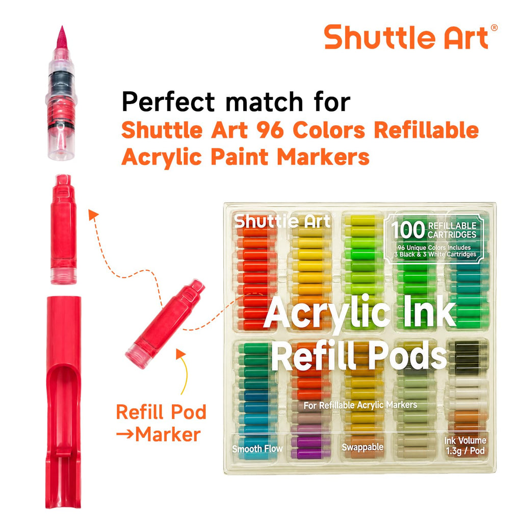 Shuttle Art 96 Colors Dual Tone Refillable Acrylic Markers with 100 Refills
