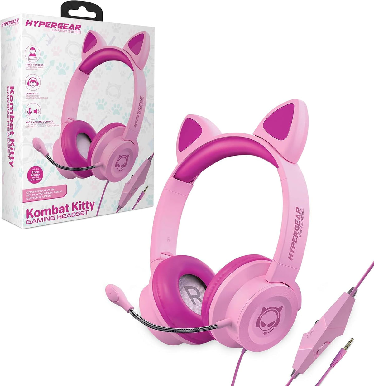 HyperGear Kombat Kitty Headphones for Kids - Cute Cat Ear Kids Headphones with Cord, Gaming Headset with Mic for Girls, Ideal for School, Home & Streaming, Pink