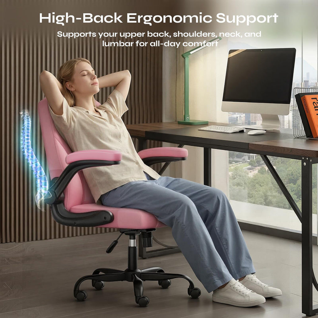 PU Leather Mid-Back Office Chair, Flip-Up Arms, 3.5" Dual-Layer Cushion